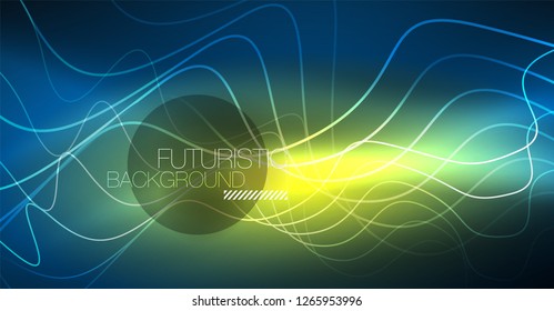 Glowing abstract wave on dark, shiny motion, Christmas and New Year magic space light. Vector techno abstract background