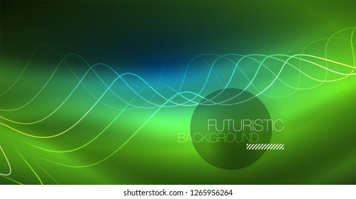 Glowing abstract wave on dark, shiny motion, Christmas and New Year magic space light. Vector techno abstract background