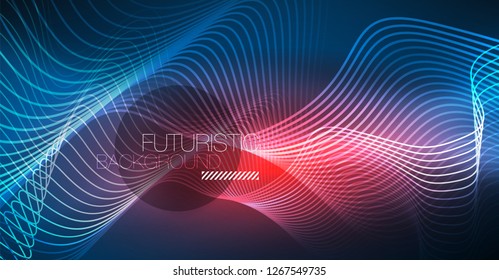 Glowing abstract wave on dark, shiny motion, Christmas and New Year magic space light. Vector techno abstract background