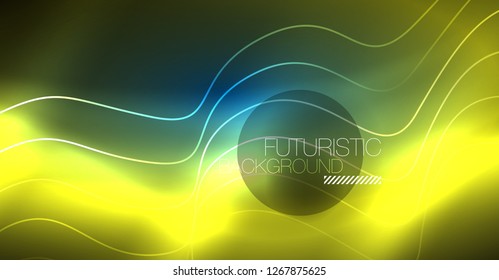 Glowing abstract wave on dark, shiny motion, Christmas and New Year magic space light. Vector techno abstract background