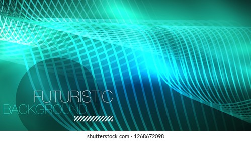 Glowing abstract wave on dark, shiny motion, Christmas and New Year magic space light. Vector techno abstract background
