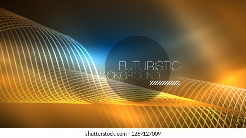Glowing abstract wave on dark, shiny motion, Christmas and New Year magic space light. Vector techno abstract background