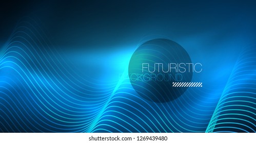 Glowing abstract wave on dark, shiny motion, Christmas and New Year magic space light. Vector techno abstract background