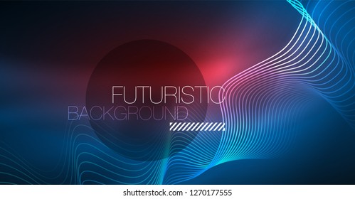 Glowing abstract wave on dark, shiny motion, Christmas and New Year magic space light. Vector techno abstract background