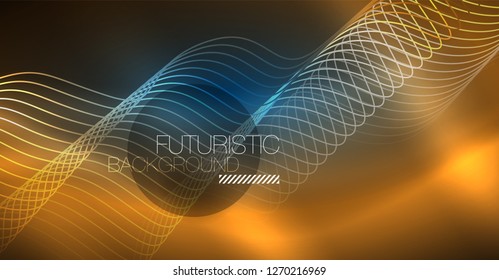 Glowing abstract wave on dark, shiny motion, Christmas and New Year magic space light. Vector techno abstract background