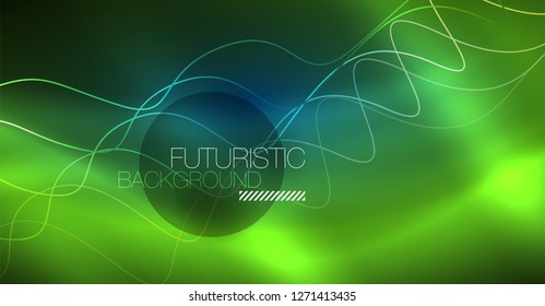 Glowing abstract wave on dark, shiny motion, Christmas and New Year magic space light. Vector techno abstract background