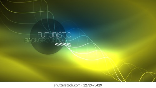 Glowing abstract wave on dark, shiny motion, Christmas and New Year magic space light. Vector techno abstract background