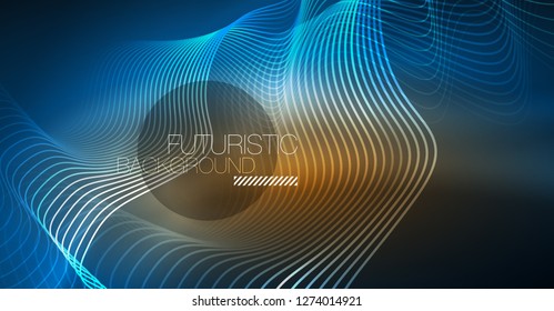 Glowing abstract wave on dark, shiny motion, Christmas and New Year magic space light. Vector techno abstract background