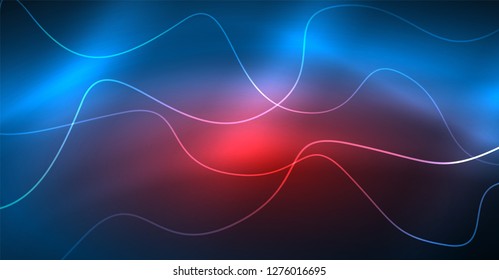 Glowing abstract wave on dark, shiny motion, Christmas and New Year magic space light. Vector techno abstract background