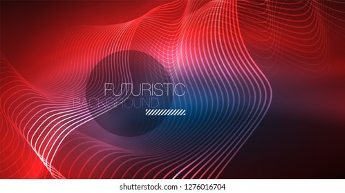 Glowing abstract wave on dark, shiny motion, Christmas and New Year magic space light. Vector techno abstract background
