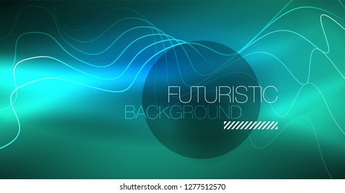 Glowing abstract wave on dark, shiny motion, Christmas and New Year magic space light. Vector techno abstract background