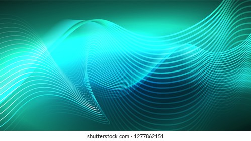 Glowing abstract wave on dark, shiny motion, Christmas and New Year magic space light. Vector techno abstract background