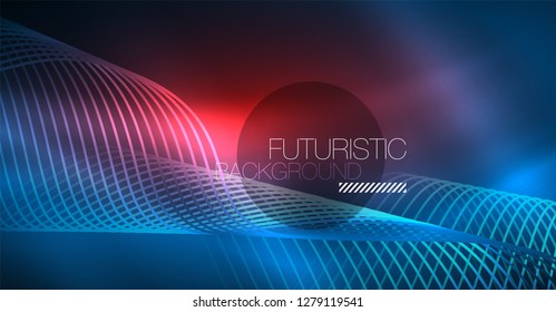 Glowing abstract wave on dark, shiny motion, Christmas and New Year magic space light. Vector techno abstract background