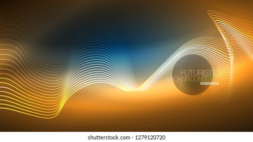 Glowing abstract wave on dark, shiny motion, Christmas and New Year magic space light. Vector techno abstract background
