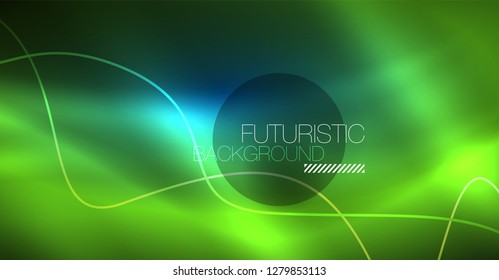 Glowing abstract wave on dark, shiny motion, Christmas and New Year magic space light. Vector techno abstract background