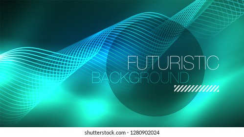 Glowing abstract wave on dark, shiny motion, Christmas and New Year magic space light. Vector techno abstract background