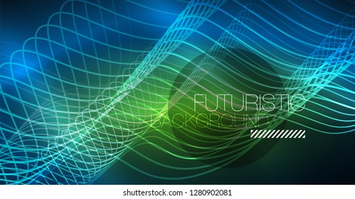 Glowing abstract wave on dark, shiny motion, Christmas and New Year magic space light. Vector techno abstract background