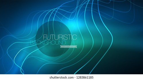 Glowing abstract wave on dark, shiny motion, Christmas and New Year magic space light. Vector techno abstract background