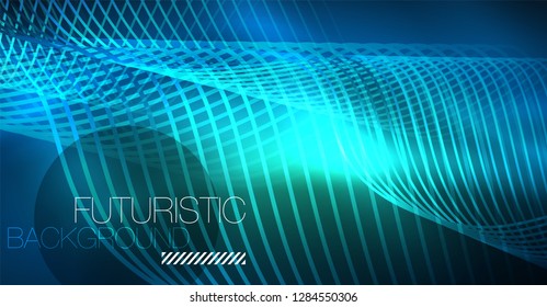 Glowing abstract wave on dark, shiny motion, Christmas and New Year magic space light. Vector techno abstract background