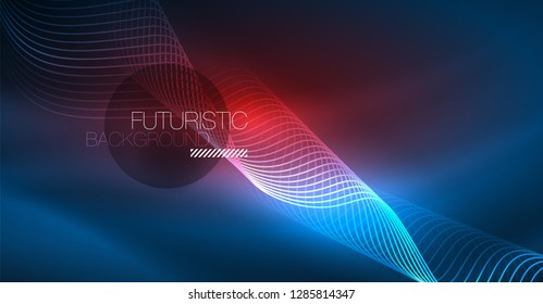 Glowing abstract wave on dark, shiny motion, Christmas and New Year magic space light. Vector techno abstract background