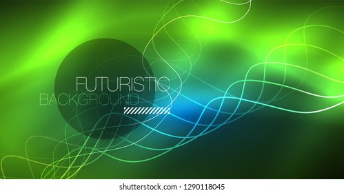 Glowing abstract wave on dark, shiny motion, Christmas and New Year magic space light. Vector techno abstract background