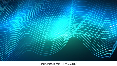 Glowing abstract wave on dark, shiny motion, Christmas and New Year magic space light. Vector techno abstract background