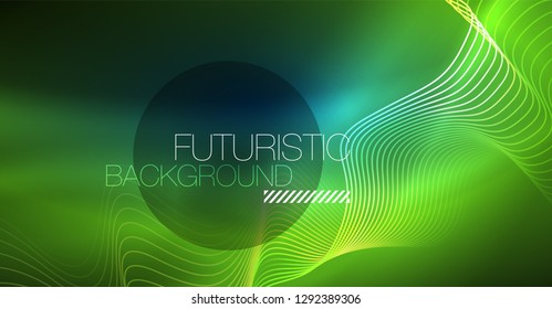 Glowing abstract wave on dark, shiny motion, Christmas and New Year magic space light. Vector techno abstract background