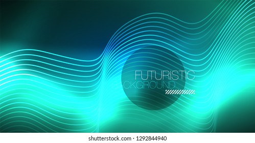 Glowing abstract wave on dark, shiny motion, Christmas and New Year magic space light. Vector techno abstract background