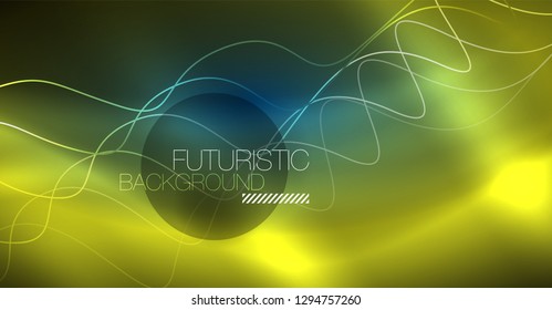 Glowing abstract wave on dark, shiny motion, Christmas and New Year magic space light. Vector techno abstract background