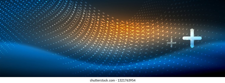 Glowing abstract wave on dark, shiny motion, magic space light. Vector techno abstract background design