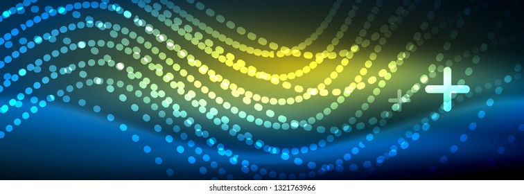 Glowing abstract wave on dark, shiny motion, magic space light. Vector techno abstract background design