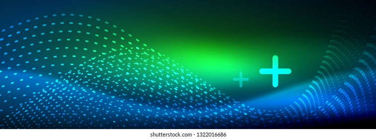 Glowing abstract wave on dark, shiny motion, magic space light. Vector techno abstract background design