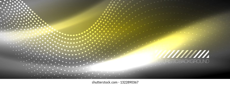 Glowing abstract wave on dark, shiny motion, Christmas and New Year magic space light. Vector techno abstract background
