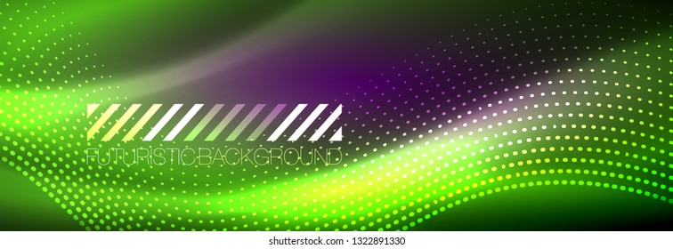 Glowing abstract wave on dark, shiny motion, magic space light. Vector techno abstract background design
