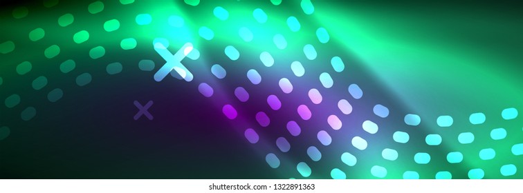 Glowing abstract wave on dark, shiny motion, magic space light. Vector techno abstract background design