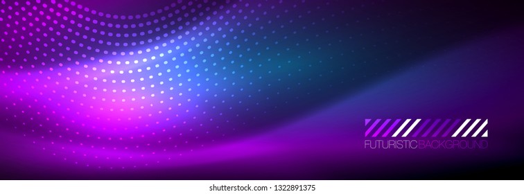 Glowing abstract wave on dark, shiny motion, magic space light. Vector techno abstract background design