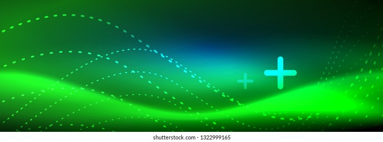 Glowing abstract wave on dark, shiny motion, magic space light. Vector techno abstract background design