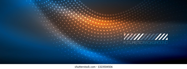 Glowing abstract wave on dark, shiny motion, magic space light. Vector techno abstract background design