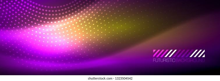 Glowing abstract wave on dark, shiny motion, magic space light. Vector techno abstract background design
