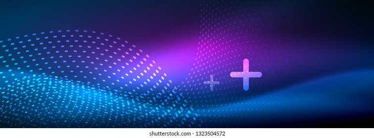 Glowing abstract wave on dark, shiny motion, magic space light. Vector techno abstract background design