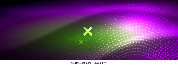 Ola abstracta brillante en movimiento oscuro y brillante, luz espacial mágica. Diseño de fondo abstracto de vector techno