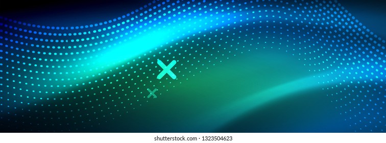 Glowing abstract wave on dark, shiny motion, magic space light. Vector techno abstract background design