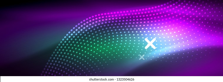 Glowing abstract wave on dark, shiny motion, magic space light. Vector techno abstract background design