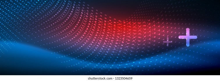 Glowing abstract wave on dark, shiny motion, magic space light. Vector techno abstract background design