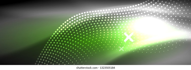 Glowing abstract wave on dark, shiny motion, Christmas and New Year magic space light. Vector techno abstract background