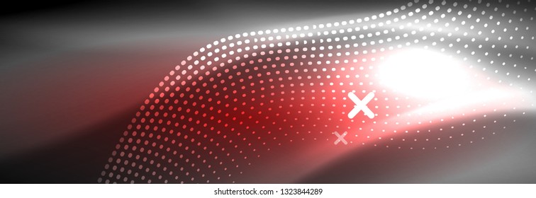 Glowing abstract wave on dark, shiny motion, Christmas and New Year magic space light. Vector techno abstract background