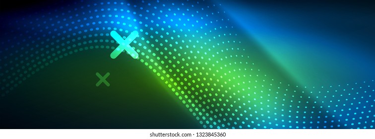 Ola abstracta brillante en movimiento oscuro y brillante, luz espacial mágica. Diseño de fondo abstracto de vector techno