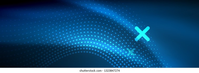 Glowing abstract wave on dark, shiny motion, magic space light. Vector techno abstract background design