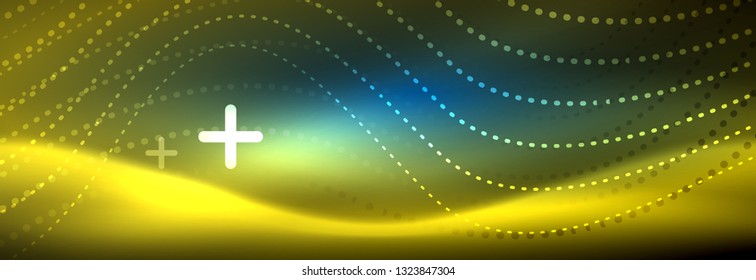 Glowing abstract wave on dark, shiny motion, magic space light. Vector techno abstract background design
