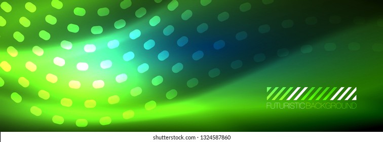 Glowing abstract wave on dark, shiny motion, magic space light. Vector techno abstract background design